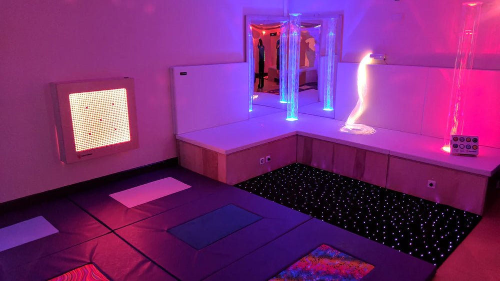Colorful room with LED lights and reflective surfaces