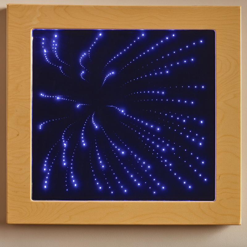 LED light panel with blue starburst pattern inside a wooden frame on a beige wall.