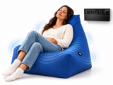 A woman reclining in a blue bean bag chair with soundwave graphics and a black control panel shown on a white background.