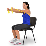 Woman using resistance bands on a chair against a white background