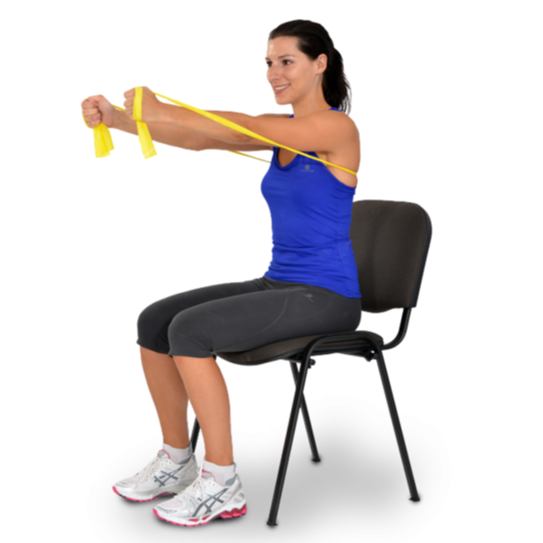 Woman using resistance bands on a chair against a white background